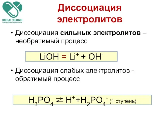 Диссоциация электролитов Диссоциация сильных электролитов – необратимый процесс Диссоциация слабых электролитов