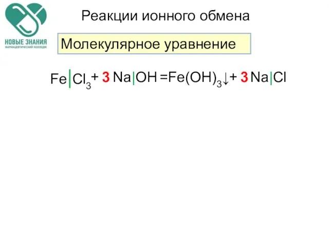 Реакции ионного обмена Молекулярное уравнение Fe|Cl3 Na|OH Fe(OH)3↓ Na|Cl + + = 3 3