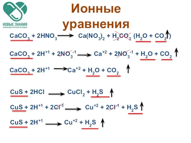 Ионные уравнения CaCO3 + 2HNO3 Ca(NO3)2 + H2CO3 (H2O + CO2