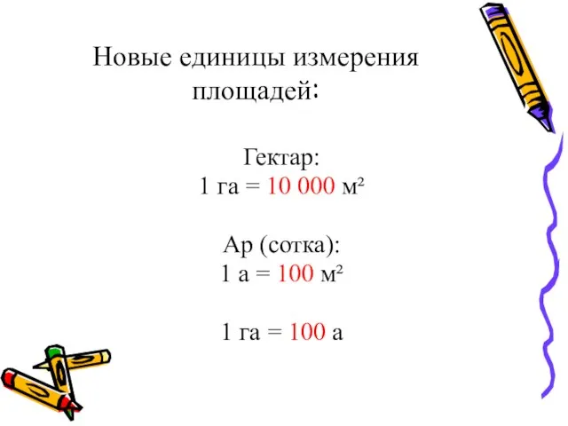 Новые единицы измерения площадей: Гектар: 1 га = 10 000 м²