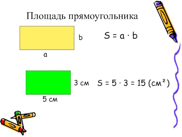 Площадь прямоугольника а b S = a ∙ b 5 см