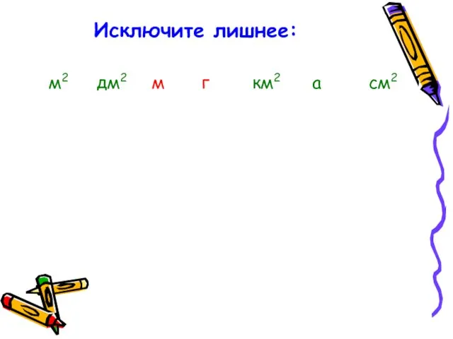 Исключите лишнее: м2 дм2 м г км2 а см2