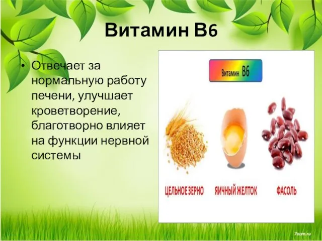 Витамин В6 Отвечает за нормальную работу печени, улучшает кроветворение, благотворно влияет на функции нервной системы