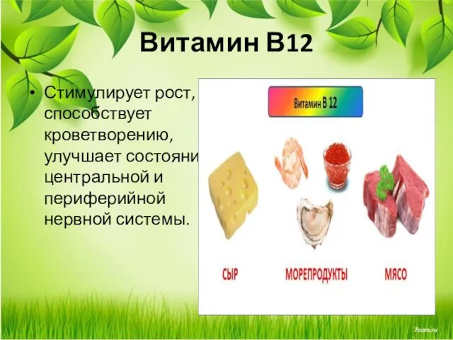 Витамин В12 Стимулирует рост, способствует кроветворению, улучшает состояние центральной и периферийной нервной системы.