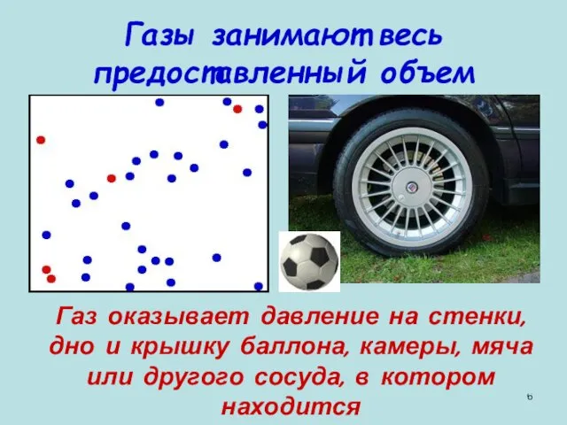 Газы занимают весь предоставленный объем Газ оказывает давление на стенки, дно