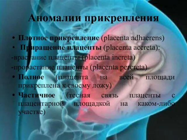 Аномалии прикрепления Плотное прикрепление (placenta adhaerens) Приращение плаценты (placenta accreta): -врастание