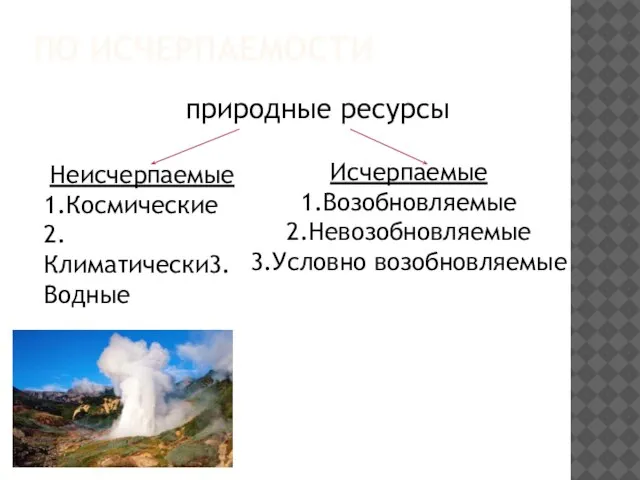 ПО ИСЧЕРПАЕМОСТИ природные ресурсы Неисчерпаемые 1.Космические 2.Климатически3.Водные Исчерпаемые 1.Возобновляемые 2.Невозобновляемые 3.Условно возобновляемые