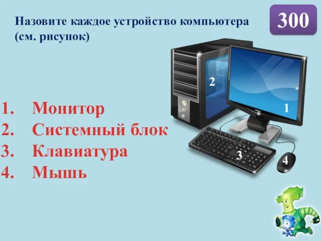 300 Назовите каждое устройство компьютера (см. рисунок) 1 2 3 4 Монитор Системный блок Клавиатура Мышь