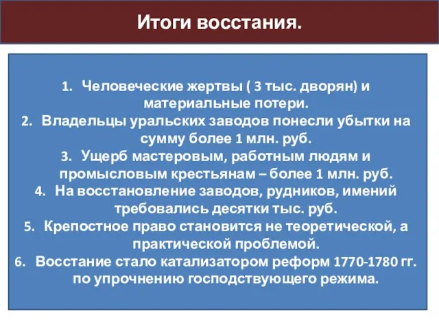 Итоги восстания. Человеческие жертвы ( 3 тыс. дворян) и материальные потери.