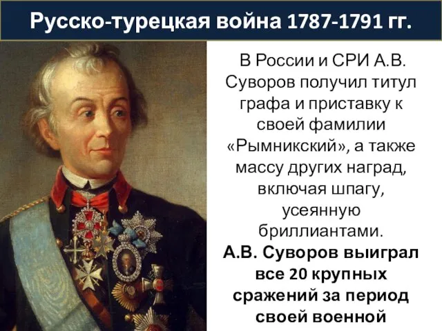 Русско-турецкая война 1787-1791 гг. В России и СРИ А.В. Суворов получил