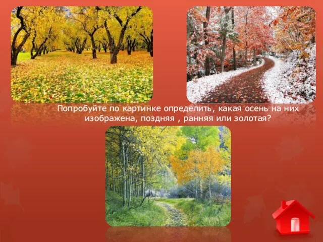 Попробуйте по картинке определить, какая осень на них изображена, поздняя , ранняя или золотая?