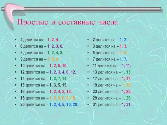 Простые и составные числа 4 делится на – 1, 2, 4.