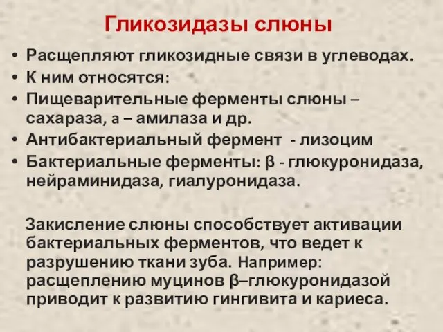 Гликозидазы слюны Расщепляют гликозидные связи в углеводах. К ним относятся: Пищеварительные