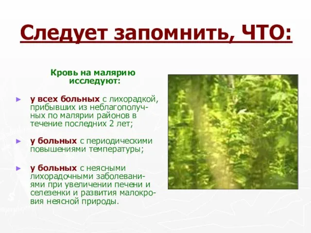 Следует запомнить, ЧТО: Кровь на малярию исследуют: у всех больных с