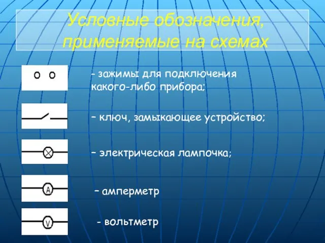 Условные обозначения, применяемые на схемах – зажимы для подключения какого-либо прибора;