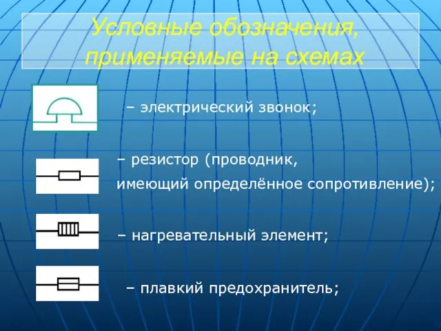 Условные обозначения, применяемые на схемах – электрический звонок; – резистор (проводник,