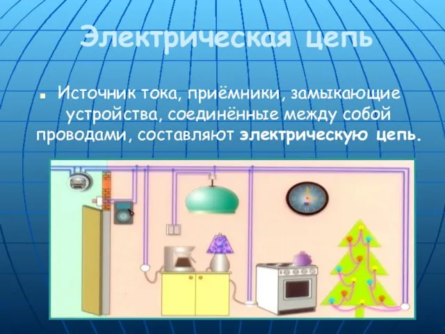 Электрическая цепь Источник тока, приёмники, замыкающие устройства, соединённые между собой проводами, составляют электрическую цепь.