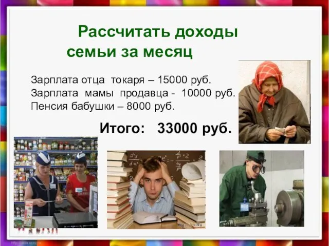 Рассчитать доходы семьи за месяц Зарплата отца токаря – 15000 руб.