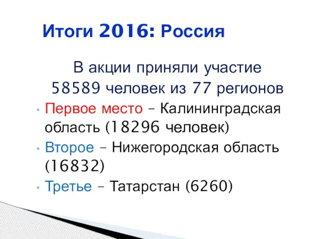 В акции приняли участие 58589 человек из 77 регионов Первое место