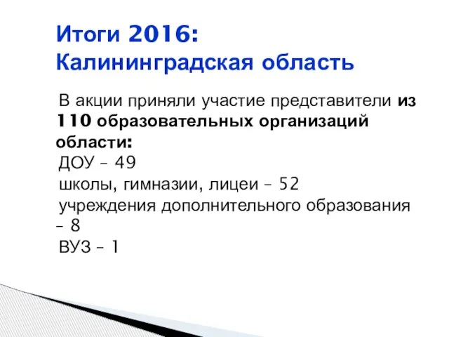 В акции приняли участие представители из 110 образовательных организаций области: ДОУ