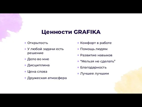 Ценности GRAFIKA Открытость Комфорт в работе У любой задачи есть решение