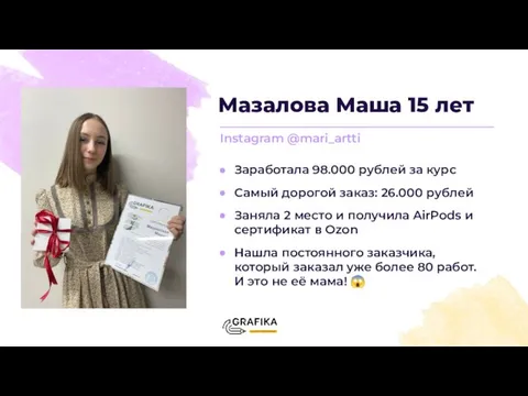 Мазалова Маша 15 лет Instagram @mari_artti Заработала 98.000 рублей за курс