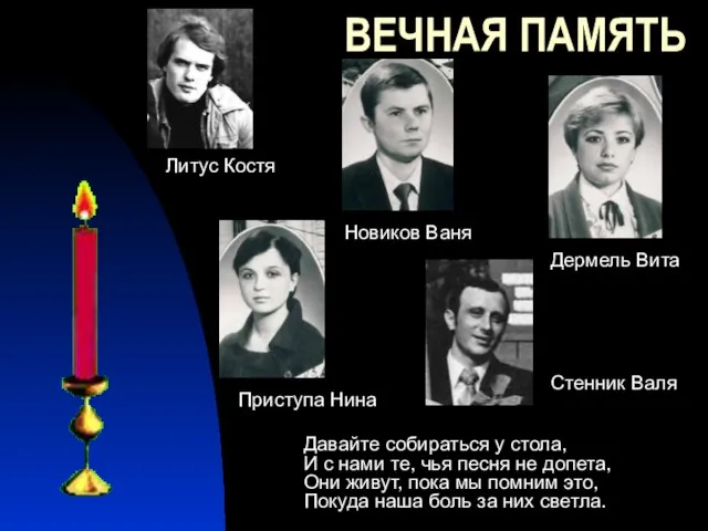 ВЕЧНАЯ ПАМЯТЬ Давайте собираться у стола, И с нами те, чья