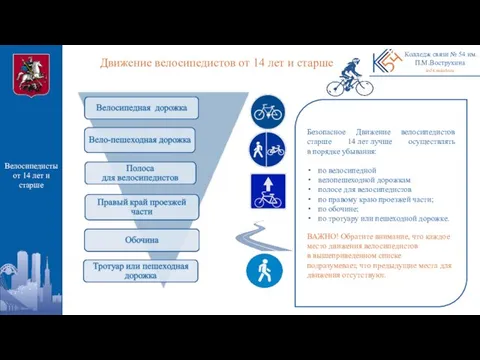 Колледж связи № 54 им. П.М.Вострухина ks54.mskobr.ru Велосипедисты от 14 лет