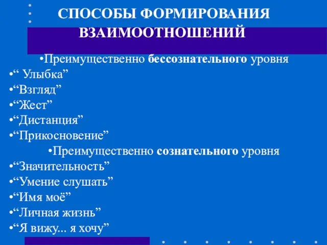 СПОСОБЫ ФОРМИРОВАНИЯ ВЗАИМООТНОШЕНИЙ Преимущественно бессознательного уровня “ Улыбка” “Взгляд” “Жест” “Дистанция”