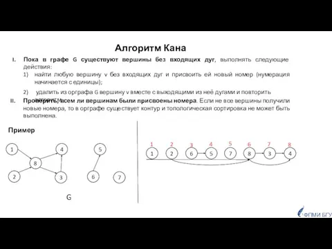 Алгоритм Кана Пока в графе G существуют вершины без входящих дуг,