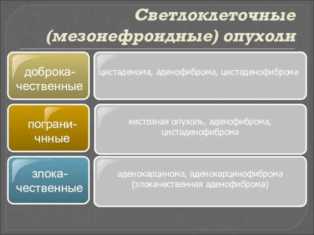 Светлоклеточные (мезонефроидные) опухоли доброка-чественные пограни-чнные кистозная опухоль, аденофиброма, цистаденофиброма цистаденома, аденофиброма,