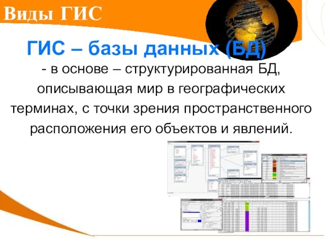 Виды ГИС ГИС – базы данных (БД) - в основе –