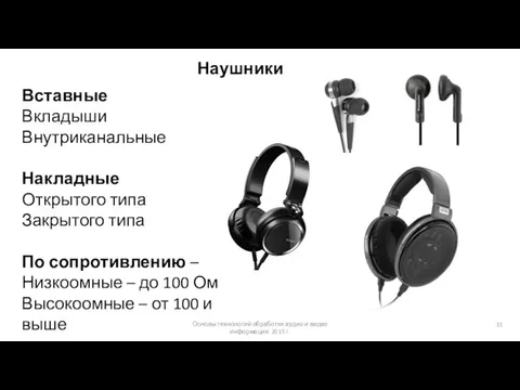 Основы технологий обработки аудио и видео информации 2015 г. Наушники Вставные