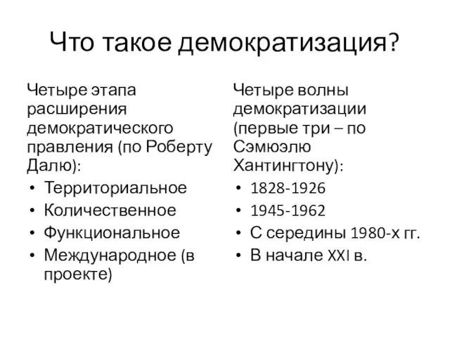 Что такое демократизация? Четыре этапа расширения демократического правления (по Роберту Далю):