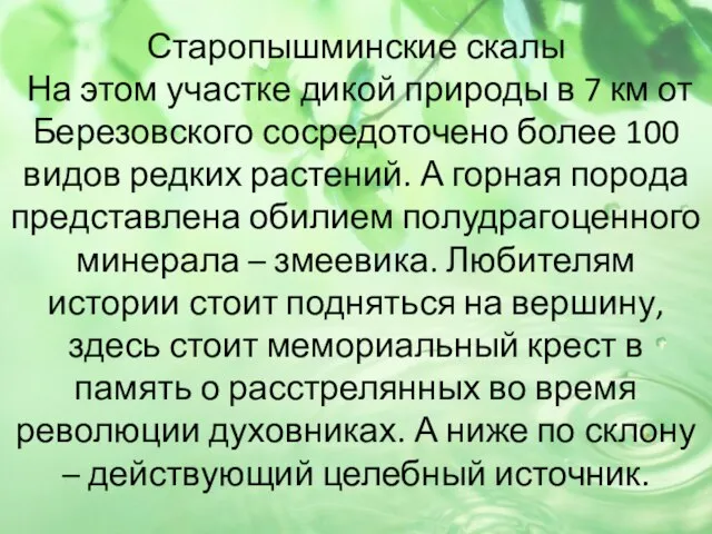 Старопышминские скалы На этом участке дикой природы в 7 км от