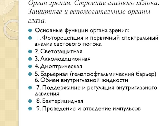 Орган зрения. Строение глазного яблока. Защитные и вспомогательные органы глаза. Основные