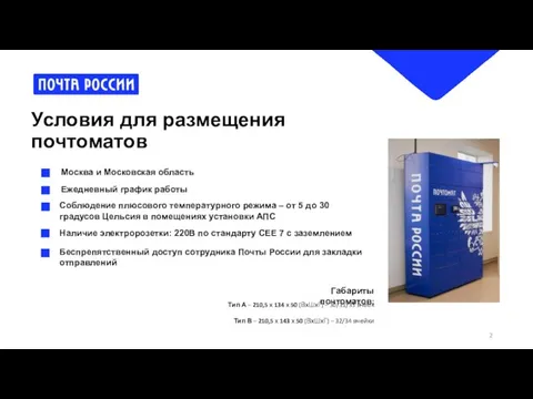 Условия для размещения почтоматов Ежедневный график работы Наличие электророзетки: 220В по