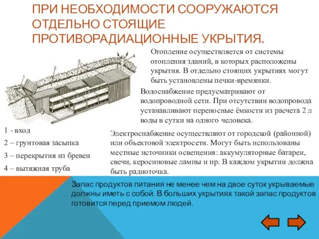 ПРИ НЕОБХОДИМОСТИ СООРУЖАЮТСЯ ОТДЕЛЬНО СТОЯЩИЕ ПРОТИВОРАДИАЦИОННЫЕ УКРЫТИЯ. 1 - вход 2