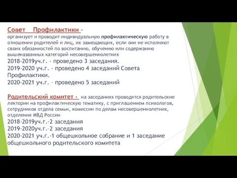 Совет Профилактики – организует и проводит индивидуальную профилактическую работу в отношении