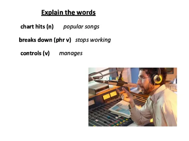 chart hits (n) breaks down (phr v) controls (v) popular songs