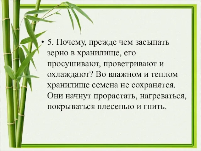 5. Почему, прежде чем засыпать зерно в хранилище, его просушивают, проветривают