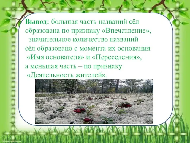 Вывод: большая часть названий сёл образована по признаку «Впечатление», значительное количество