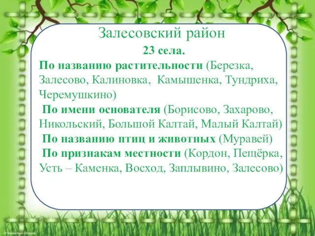 Залесовский район 23 села. По названию растительности (Березка, Залесово, Калиновка, Камышенка,