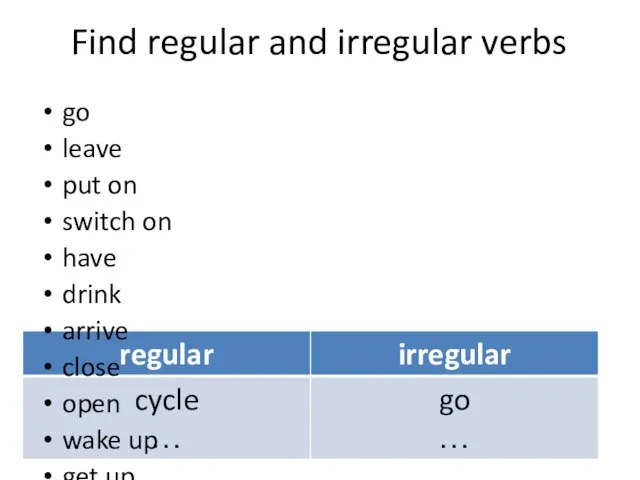 Find regular and irregular verbs go leave put on switch on