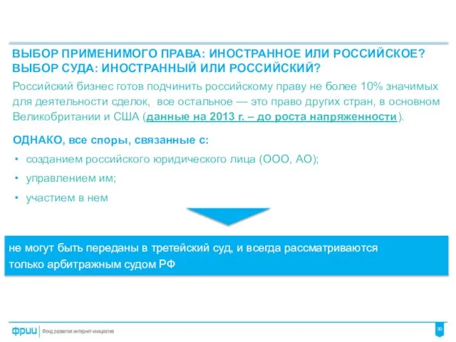 Российский бизнес готов подчинить российскому праву не более 10% значимых для