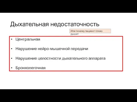 Дыхательная недостаточность Центральная Нарушение нейро-мышечной передачи Нарушение целостности дыхательного аппарата Бронхолегочная Или почему пациент плохо дышит