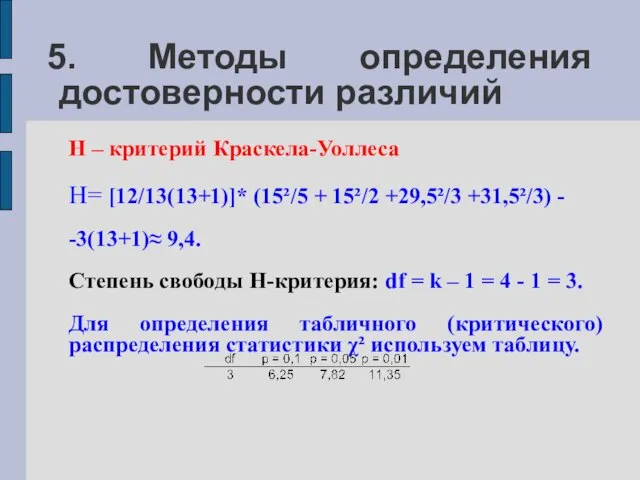 5. Методы определения достоверности различий H – критерий Краскела-Уоллеса H= [12/13(13+1)]*