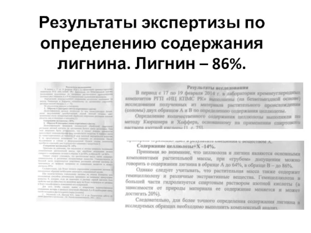 Результаты экспертизы по определению содержания лигнина. Лигнин – 86%.