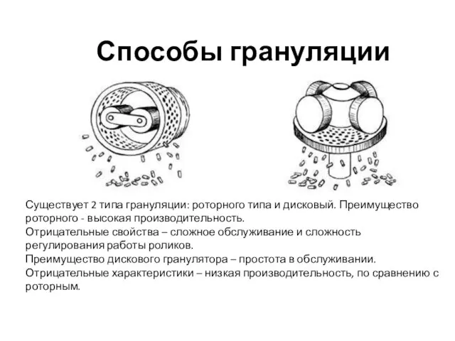 Способы грануляции Существует 2 типа грануляции: роторного типа и дисковый. Преимущество