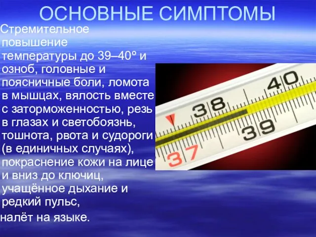 ОСНОВНЫЕ СИМПТОМЫ Стремительное повышение температуры до 39–40º и озноб, головные и